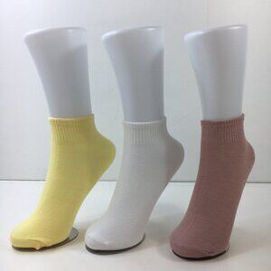 Womens Ankle Socks 3-Pack Ribbed Cuffs Yellow White Pink